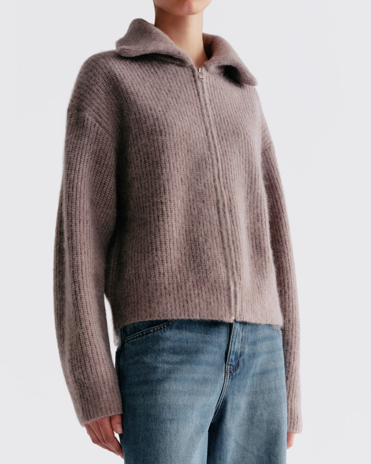 Alpaca Wool Zip Up in Driftwood - close-up #colour_Driftwood