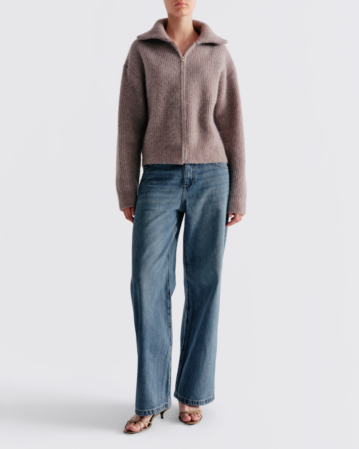 Alpaca Wool Zip Up in Driftwood - front view #colour_Driftwood
