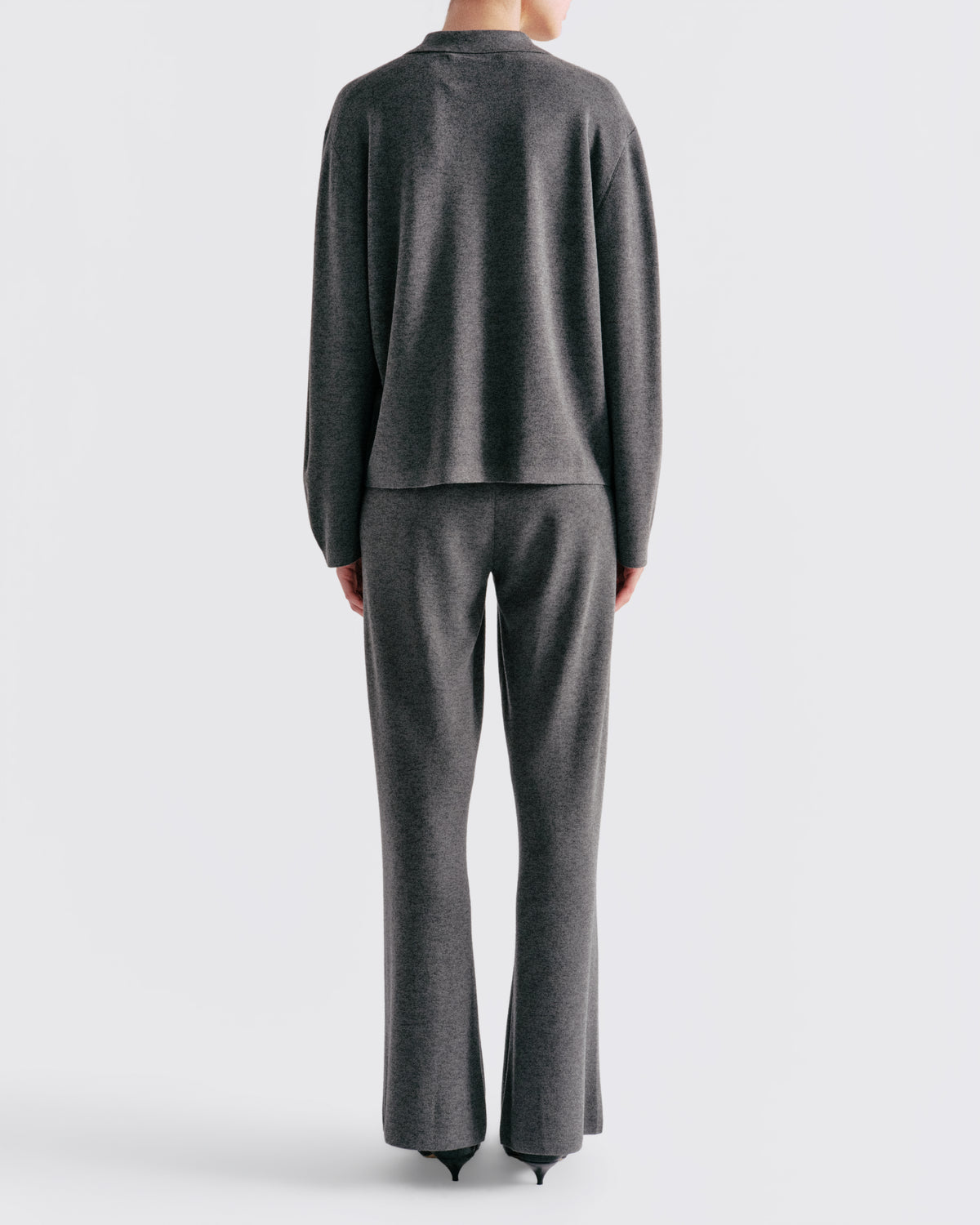 Cashmere Silk Boxy Knit Shirt in Dark Grey - back view #colour_Dark Grey
