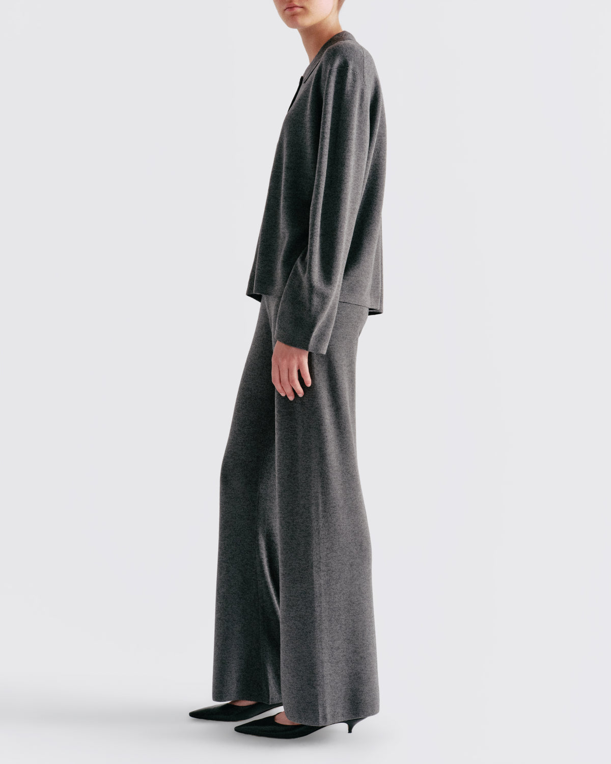 Cashmere Silk Boxy Knit Shirt in Dark Grey - side view #colour_Dark Grey