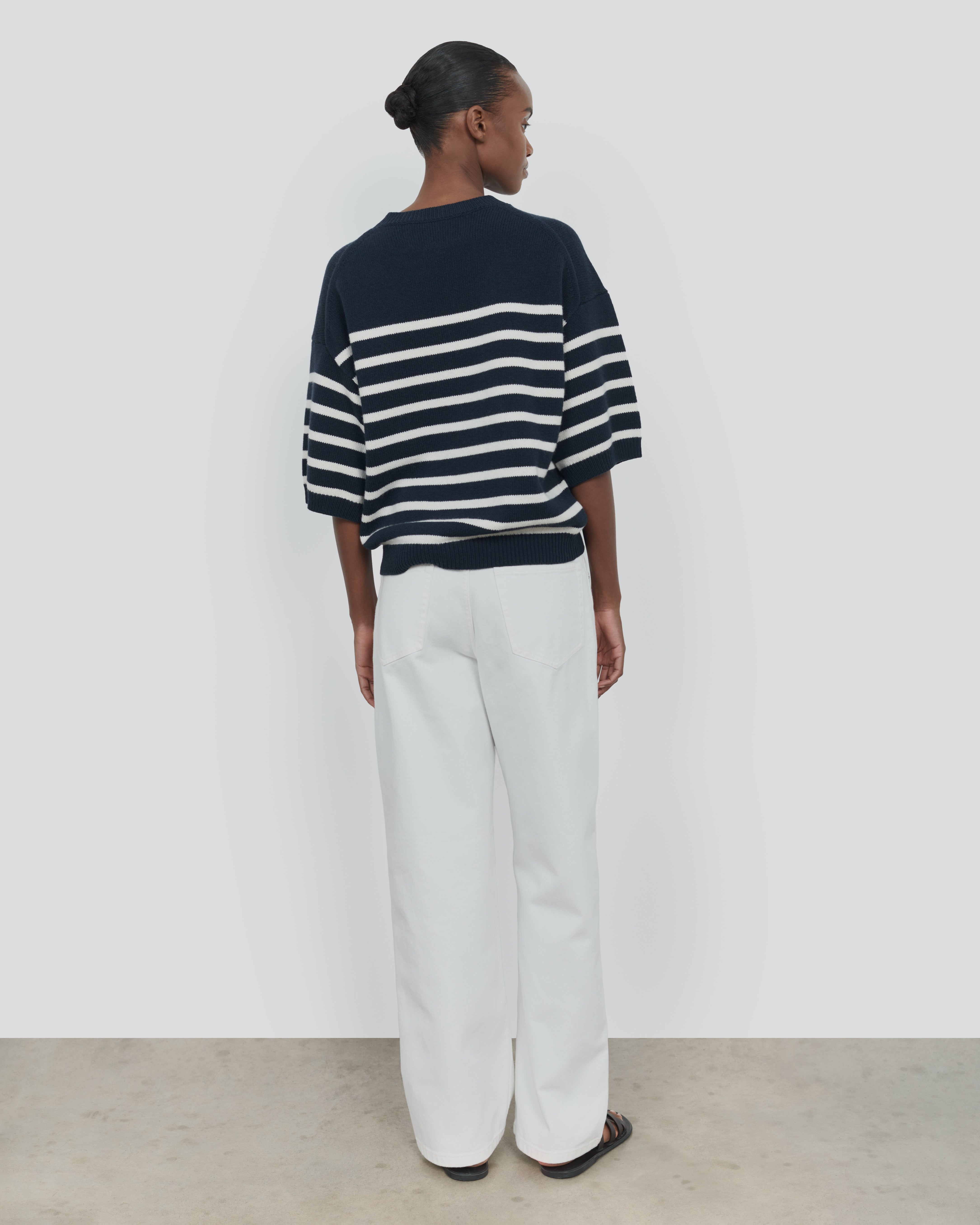 STRIPED COTTON WOOL SHORT SLEEVE CREW NECK