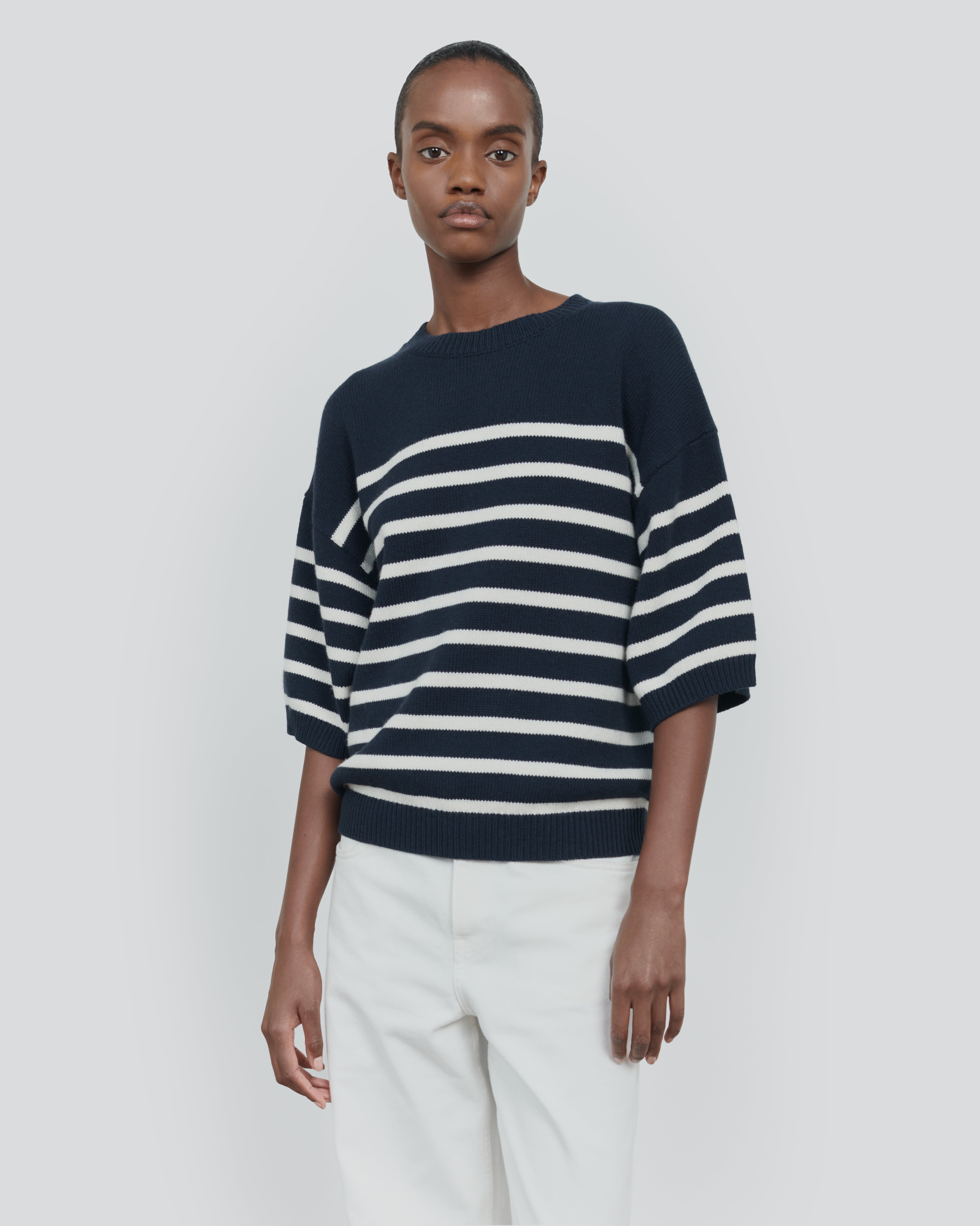 STRIPED COTTON WOOL SHORT SLEEVE CREW NECK