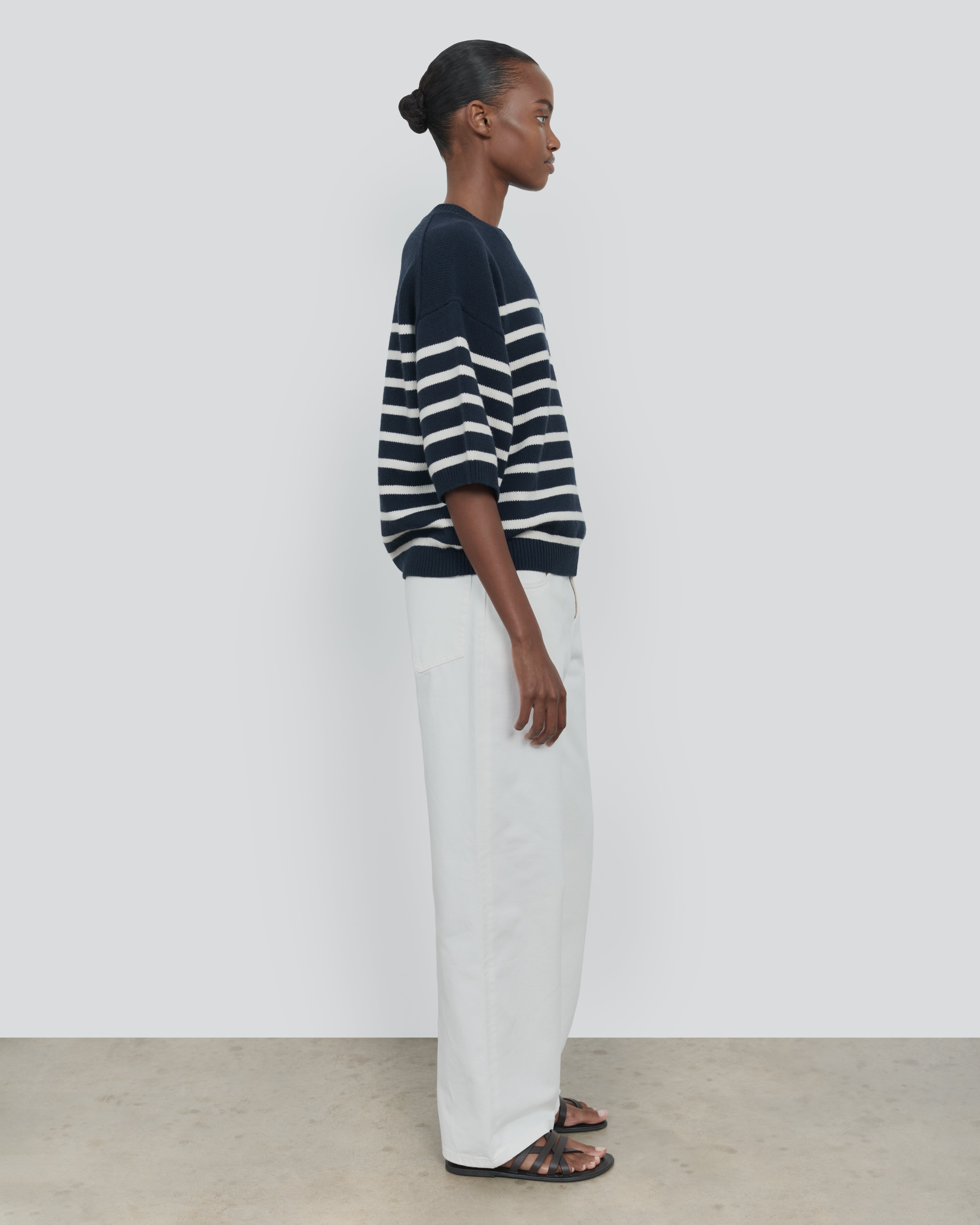 STRIPED COTTON WOOL SHORT SLEEVE CREW NECK