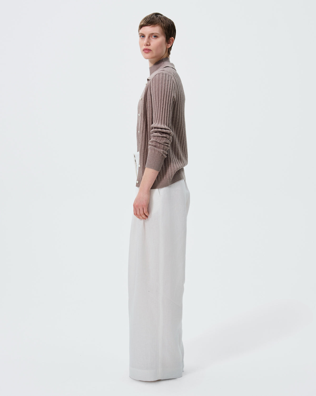 LINEN COTTON RIB BUTTON DOWN in Camel - side view #colour_Camel