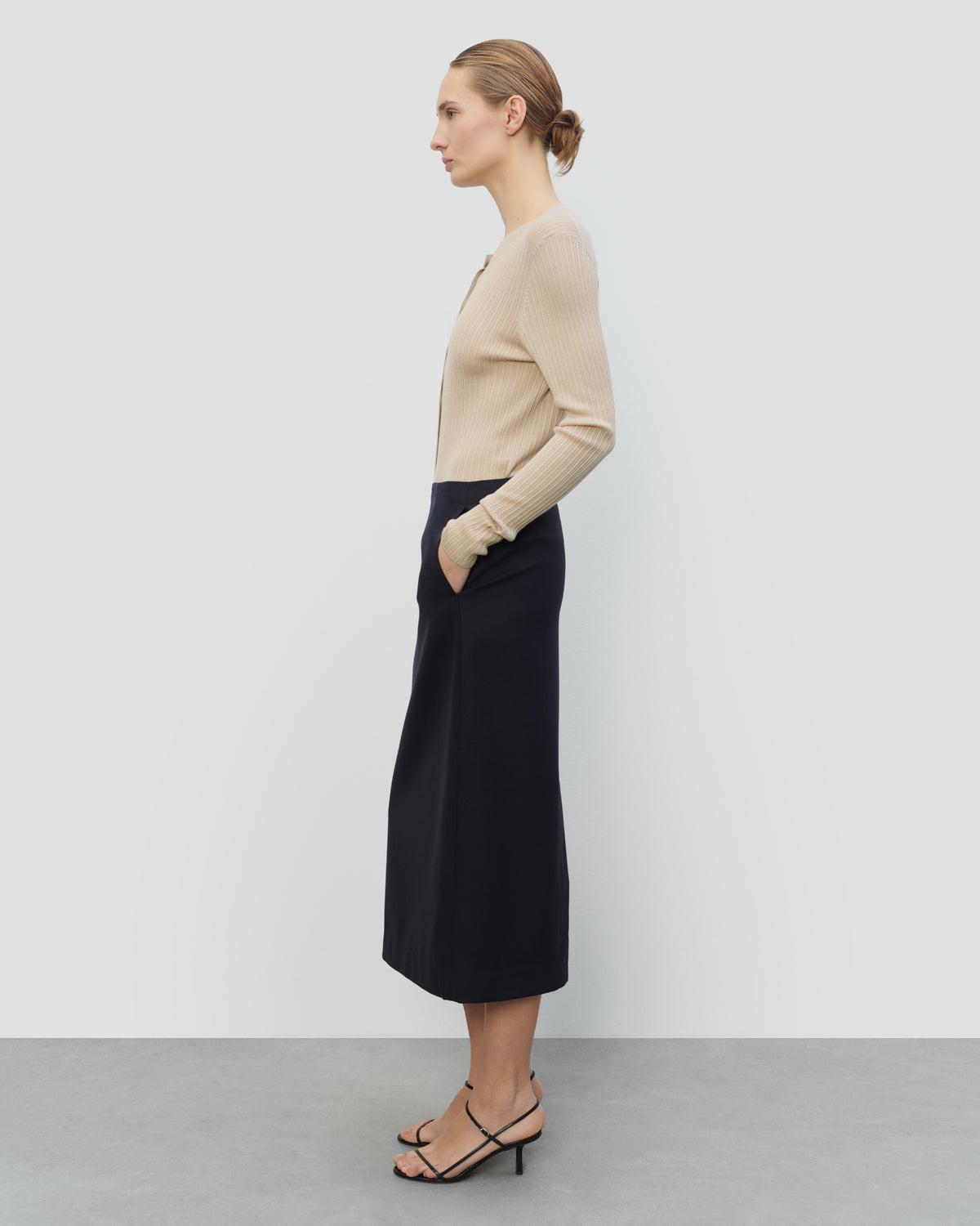 TENCEL SILK GAUZY RIB CARDIGAN in Ecru - side view #colour_Ecru