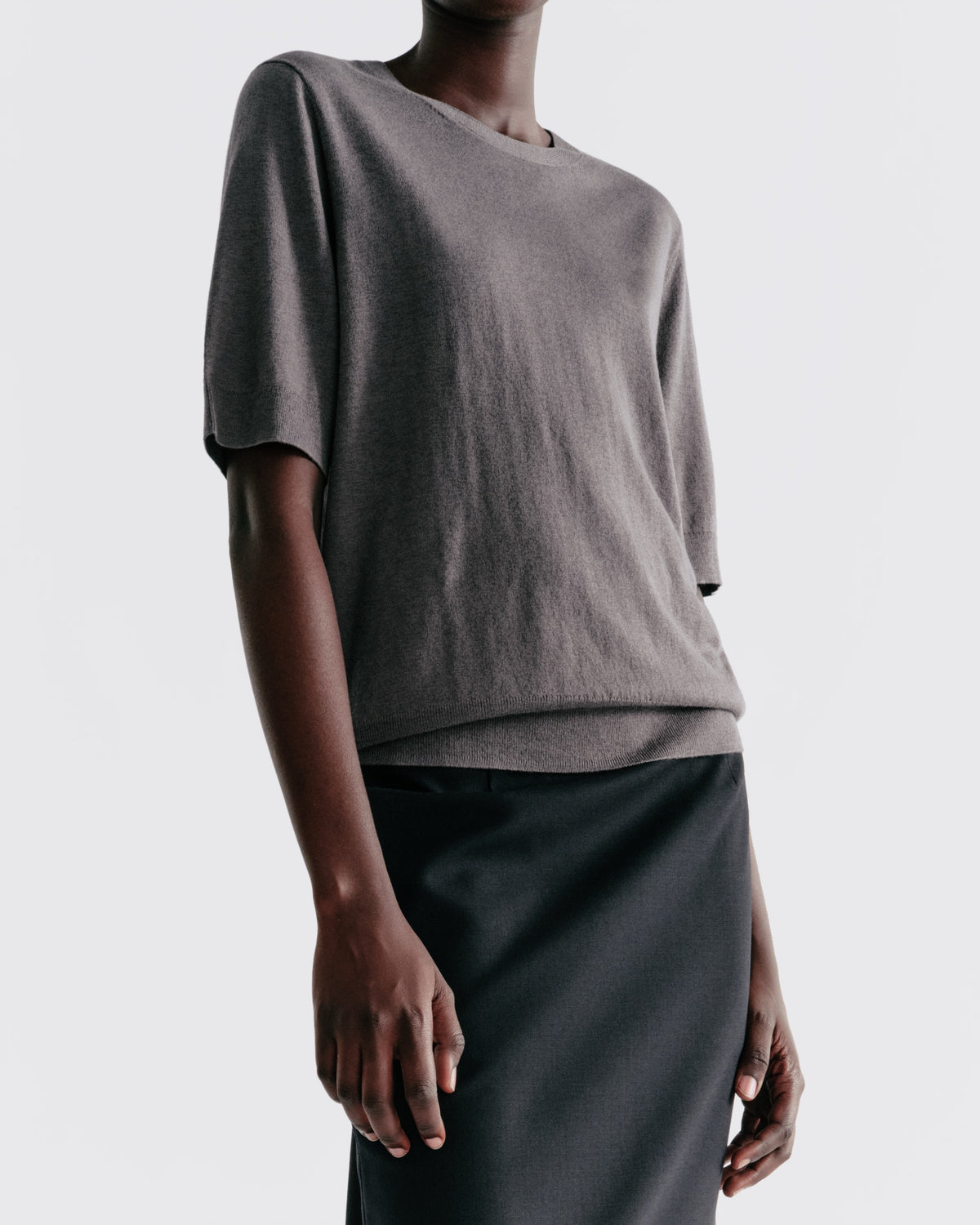 WOOL SILK SHORT SLEEVE CREW in Grey - close-up #colour_Grey