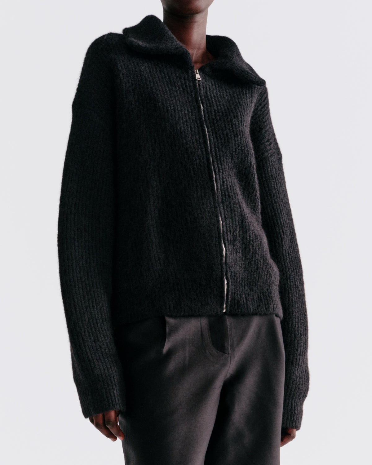 Alpaca Wool Zip Up in Black - close-up #colour_Black