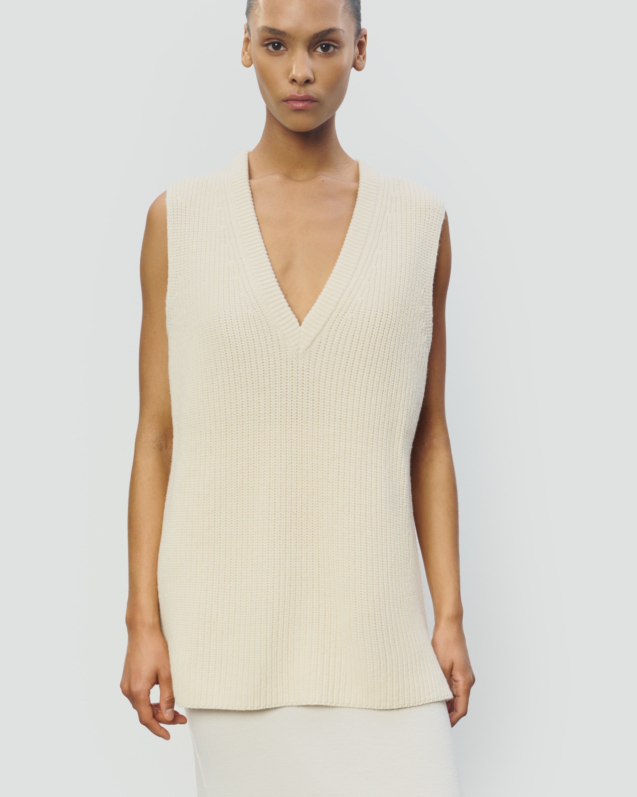 COTTON WOOL RIB SLEEVELESS VNECK
