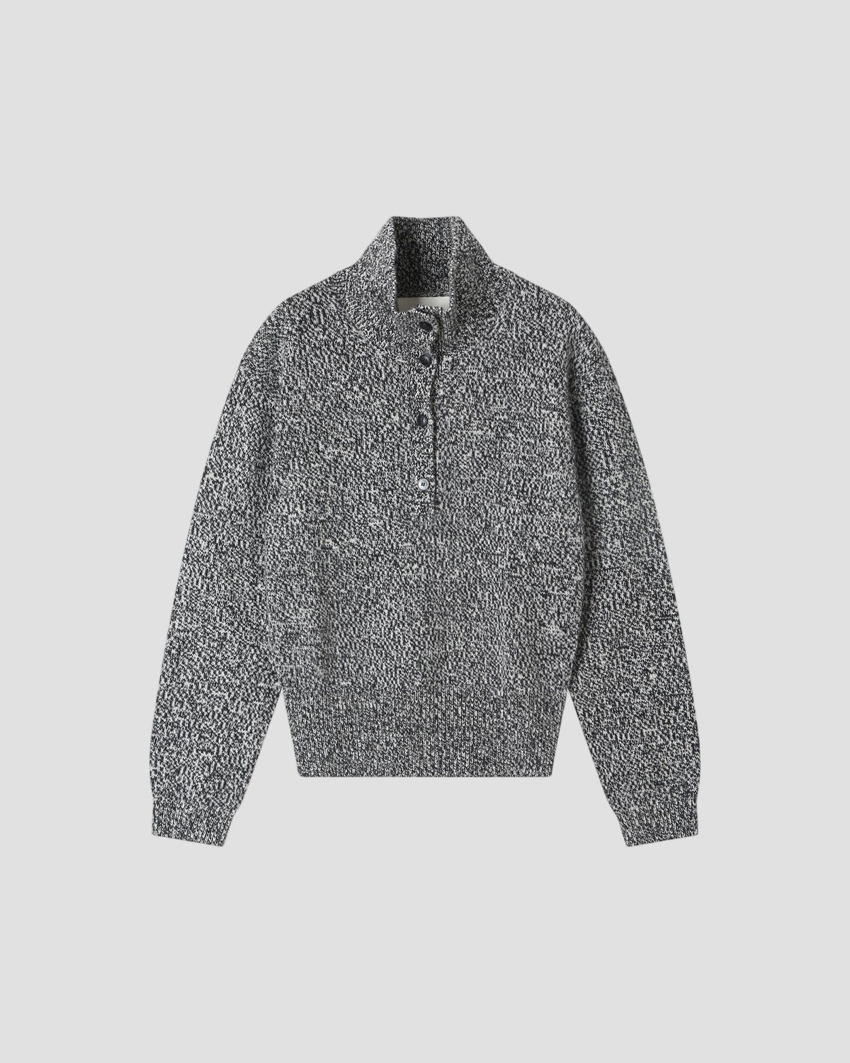 Cotton Wool Button Up Mock Neck in Black / White Mixed - flat front