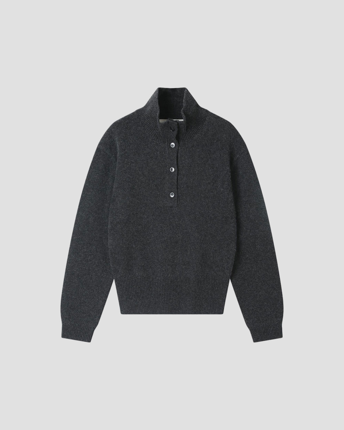 Cotton Wool Button Up Mock Neck in Charcoal Melange - flat front