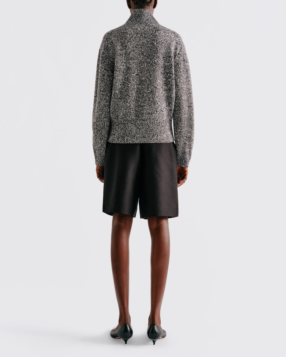 Cotton Wool Button Up Mock Neck in Black / White Mixed - back view #colour_Black / White Mixed