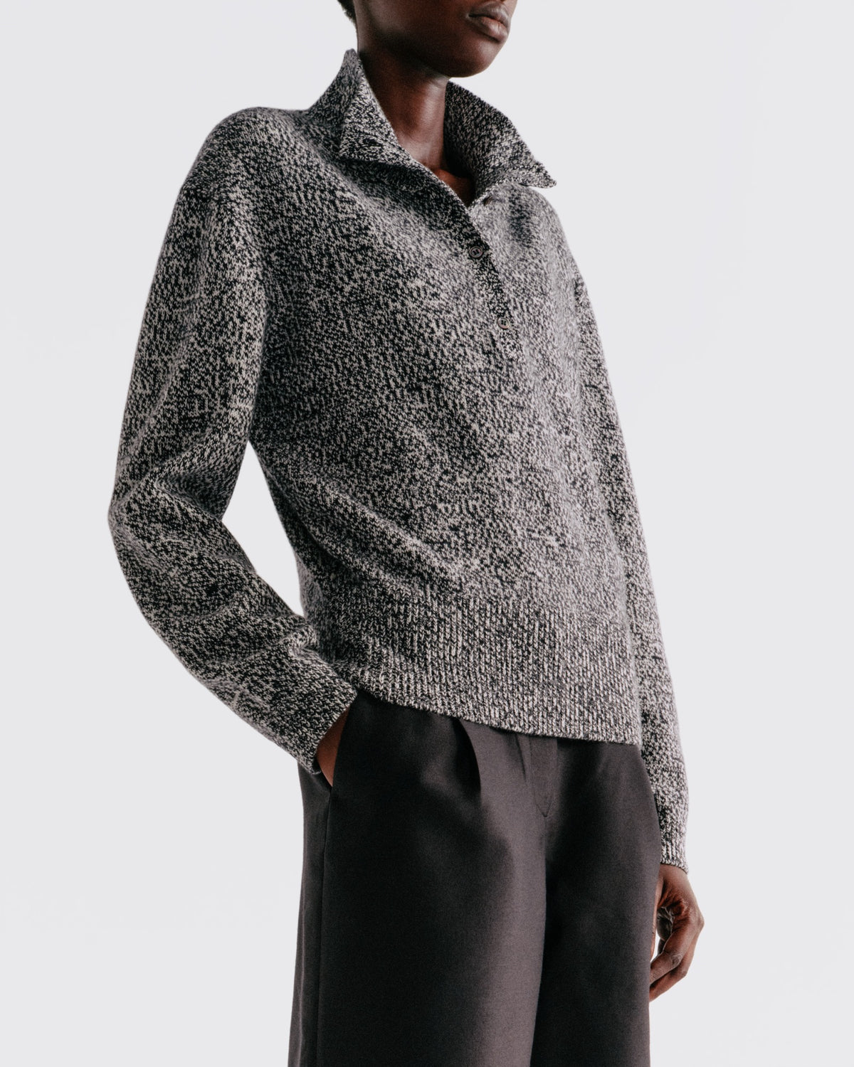 Cotton Wool Button Up Mock Neck in Black / White Mixed - close-up #colour_Black / White Mixed