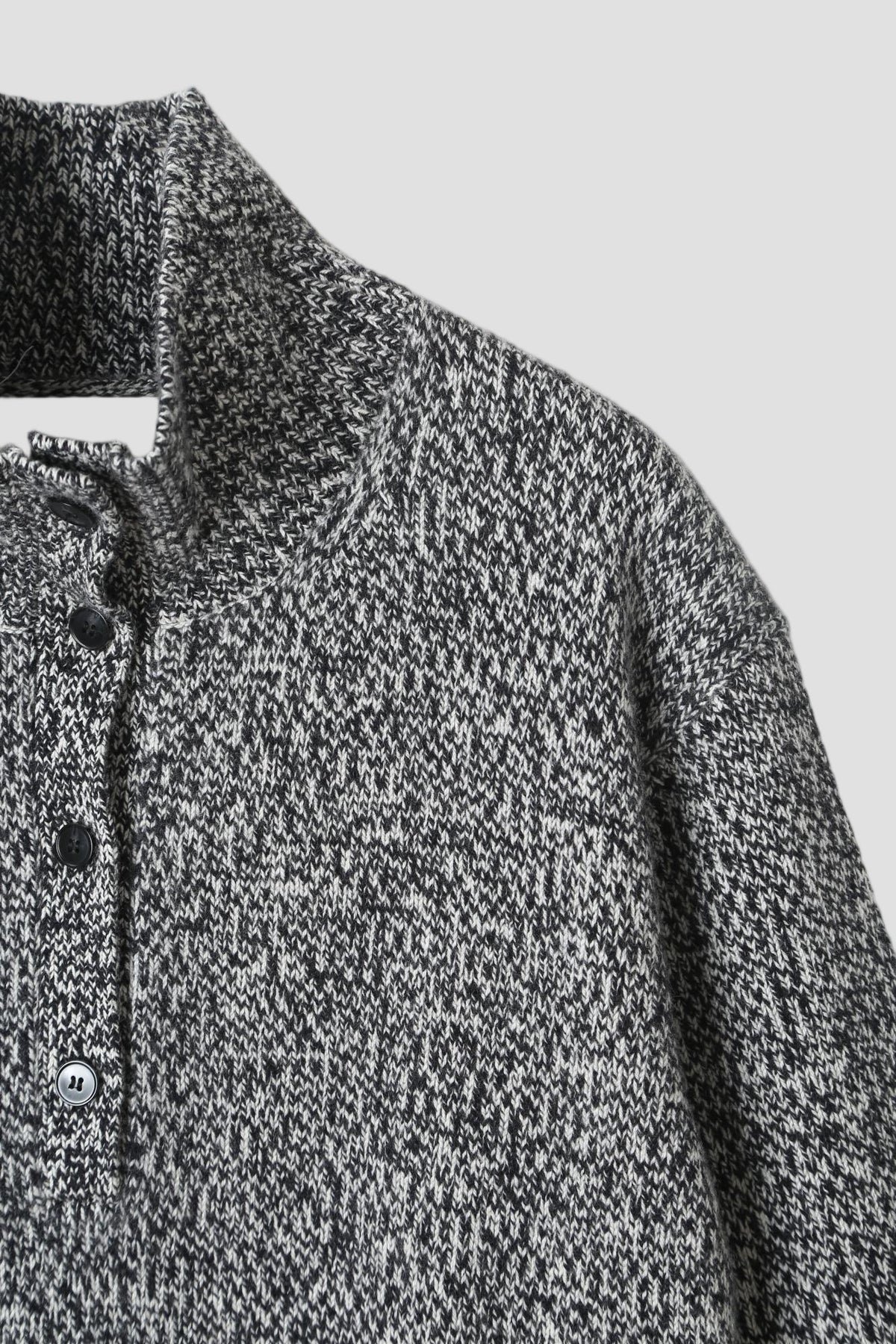 Cotton Wool Button Up Mock Neck in Black / White Mixed - detail #colour_Black / White Mixed