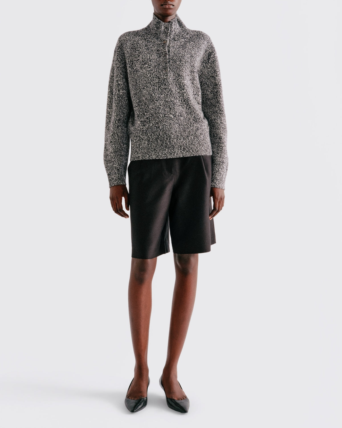 Cotton Wool Button Up Mock Neck in Black / White Mixed - front view #colour_Black / White Mixed