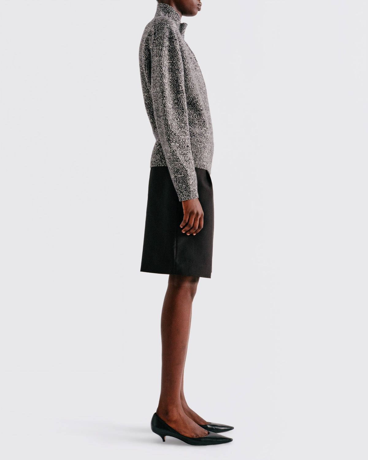 Cotton Wool Button Up Mock Neck in Black / White Mixed - side view #colour_Black / White Mixed
