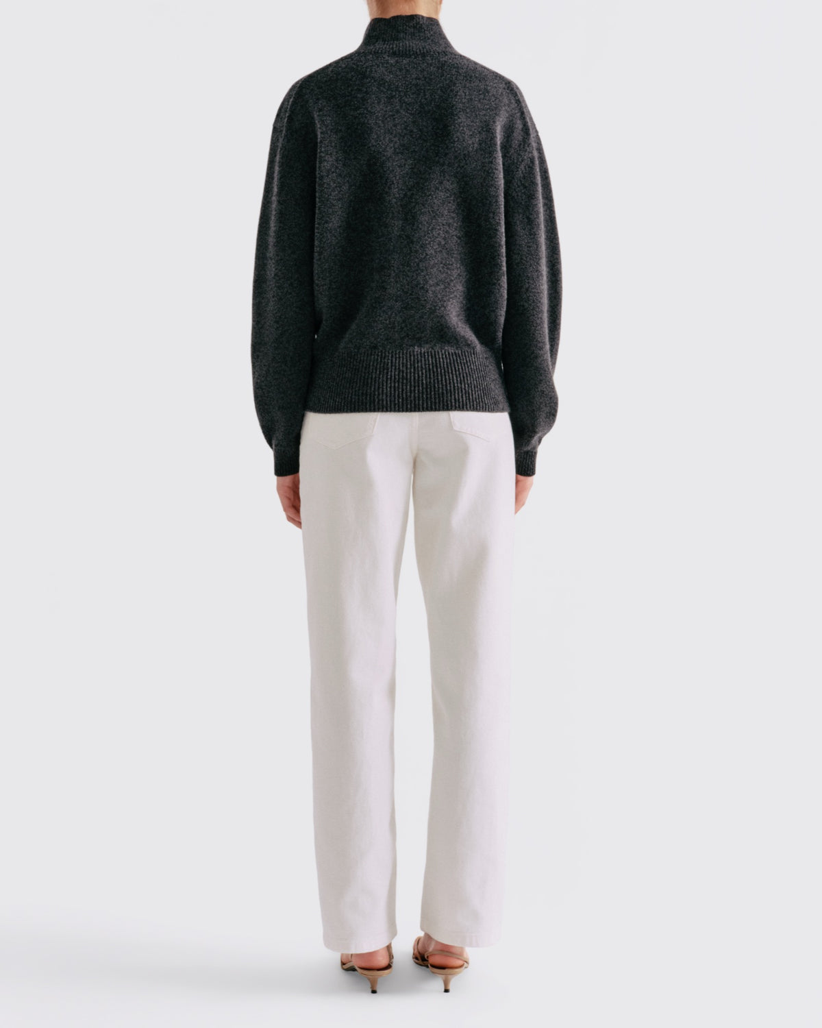 Cotton Wool Button Up Mock Neck in Charcoal Melange - back view #colour_Charcoal Melange
