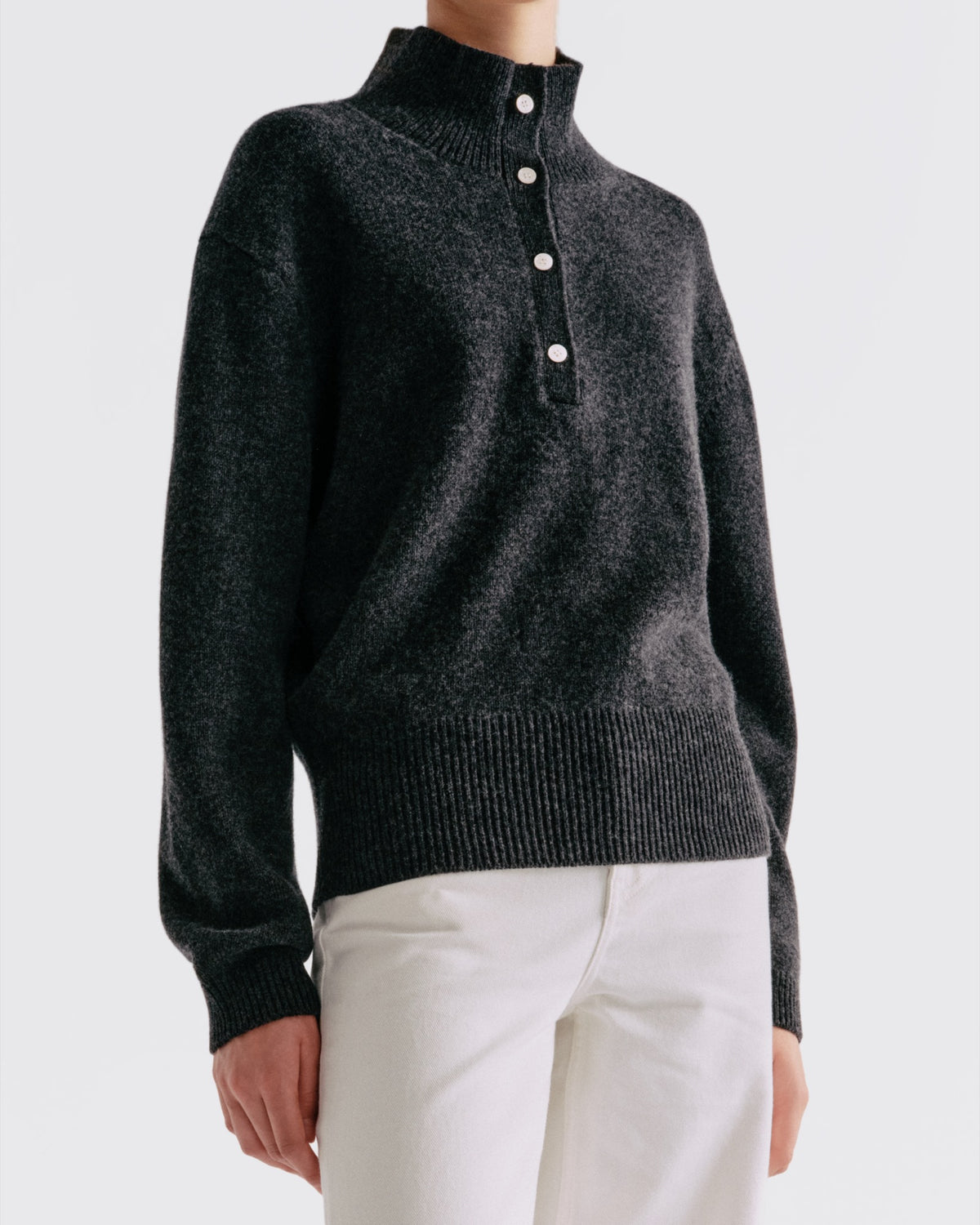 Cotton Wool Button Up Mock Neck in Charcoal Melange - close-up #colour_Charcoal Melange
