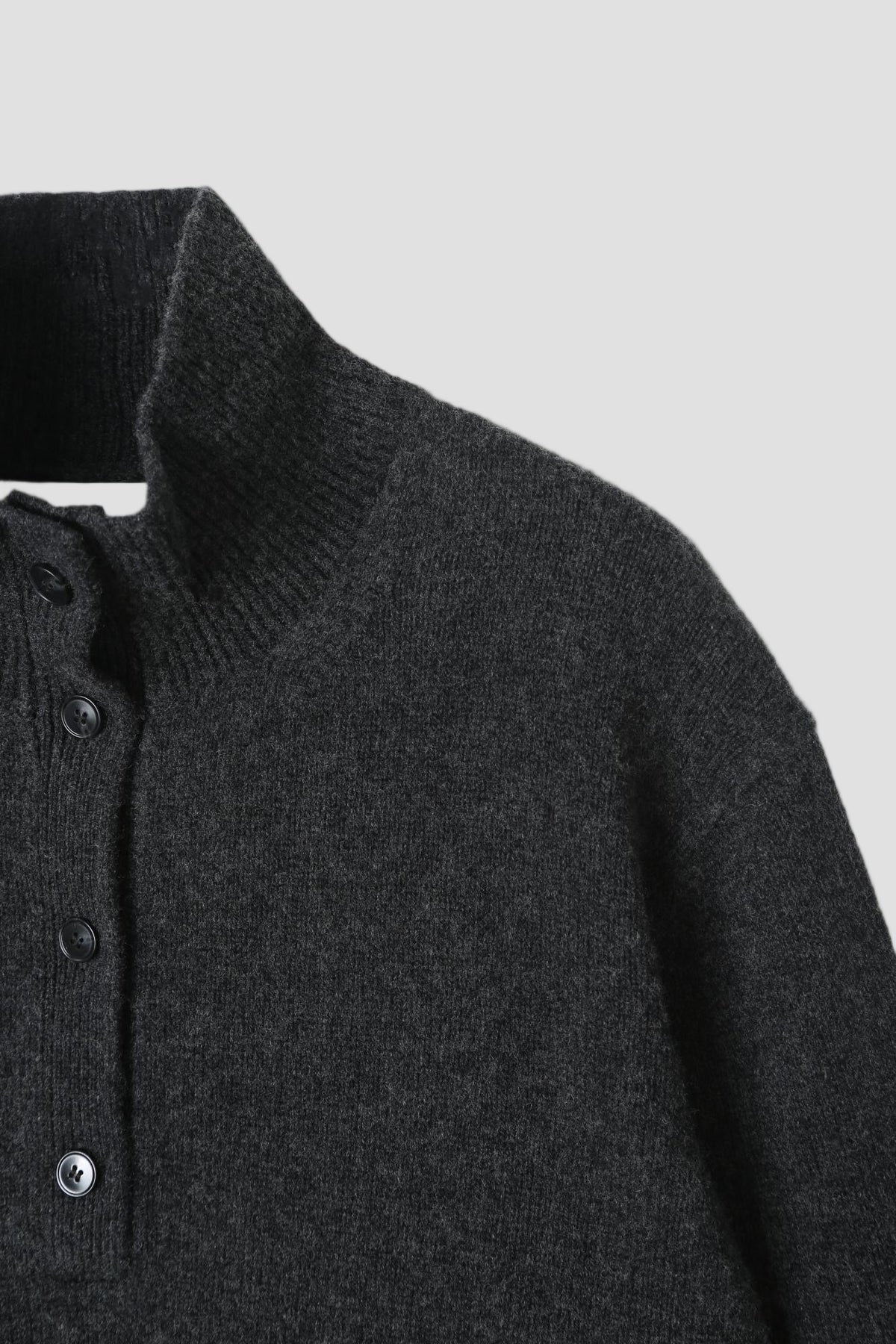 Cotton Wool Button Up Mock Neck in Charcoal Melange - detail #colour_Charcoal Melange
