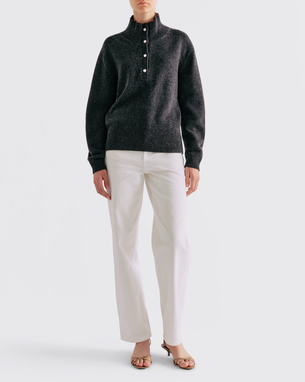 Cotton Wool Button Up Mock Neck in Charcoal Melange - front view #colour_Charcoal Melange