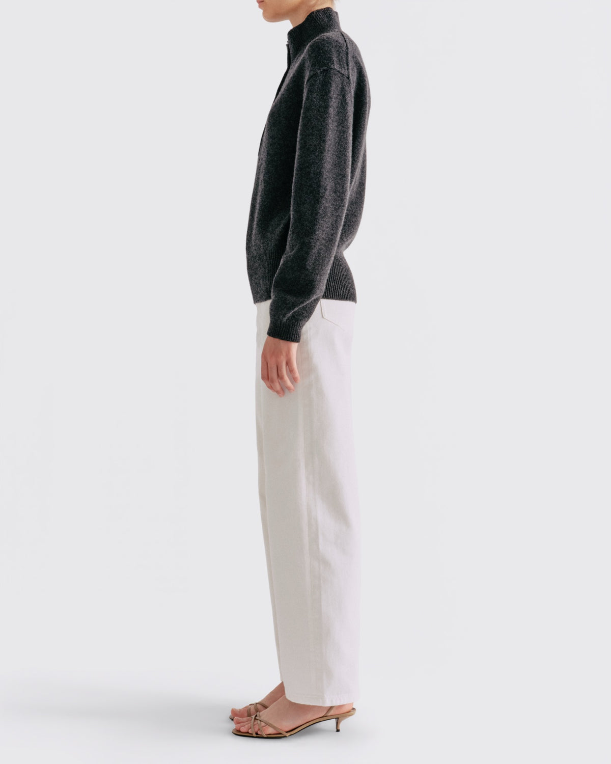 Cotton Wool Button Up Mock Neck in Charcoal Melange - side view #colour_Charcoal Melange
