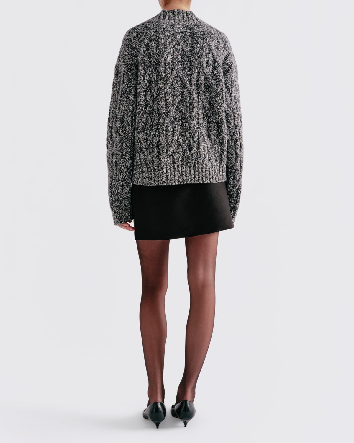 Cotton Wool Cable Mock Neck in Black / White Mixed - back view #colour_Black / White Mixed