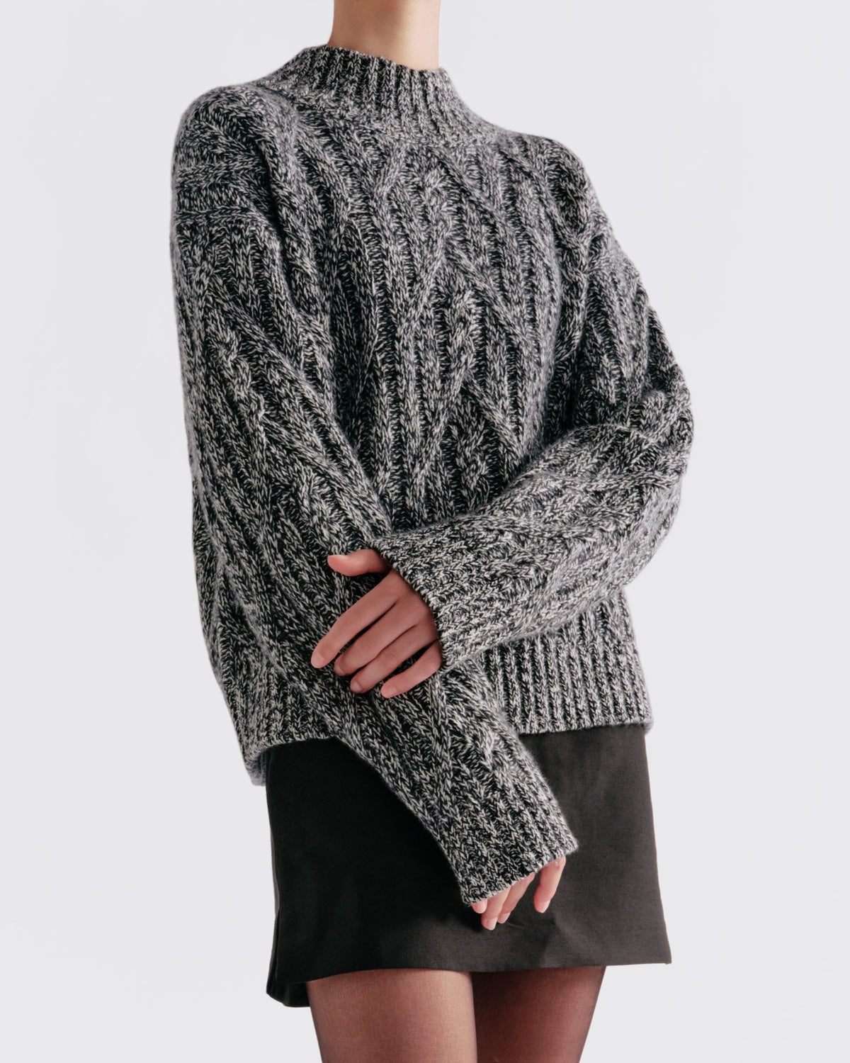 Cotton Wool Cable Mock Neck in Black / White Mixed - close-up #colour_Black / White Mixed