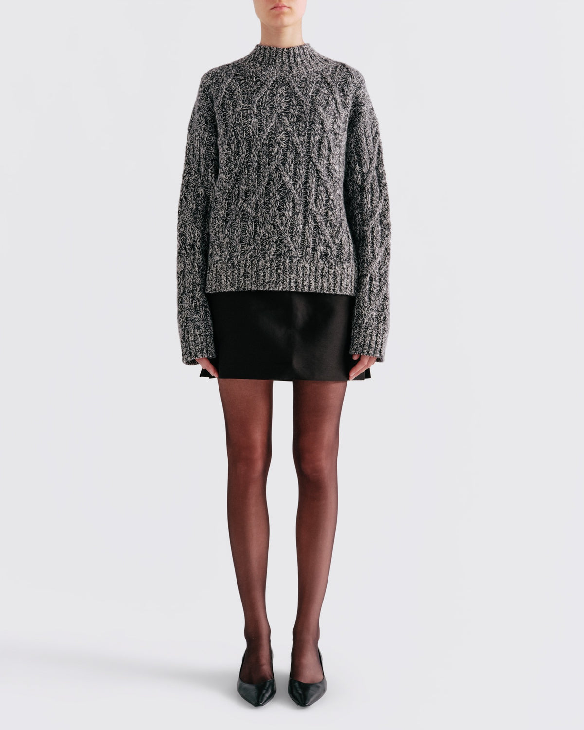 Cotton Wool Cable Mock Neck in Black / White Mixed - front view #colour_Black / White Mixed