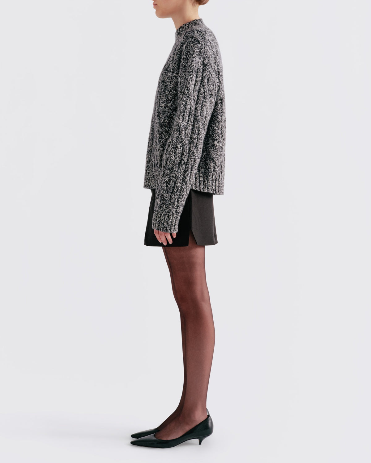 Cotton Wool Cable Mock Neck in Black / White Mixed - side view #colour_Black / White Mixed