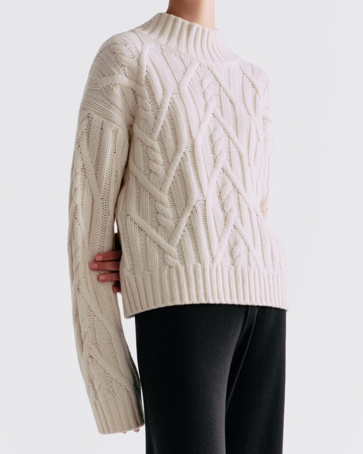 Cotton Wool Cable Mock Neck in Chalk - close-up #colour_Chalk