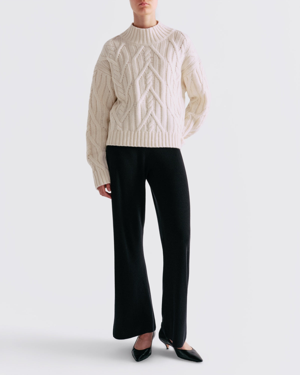 Cotton Wool Cable Mock Neck in Chalk - front view #colour_Chalk