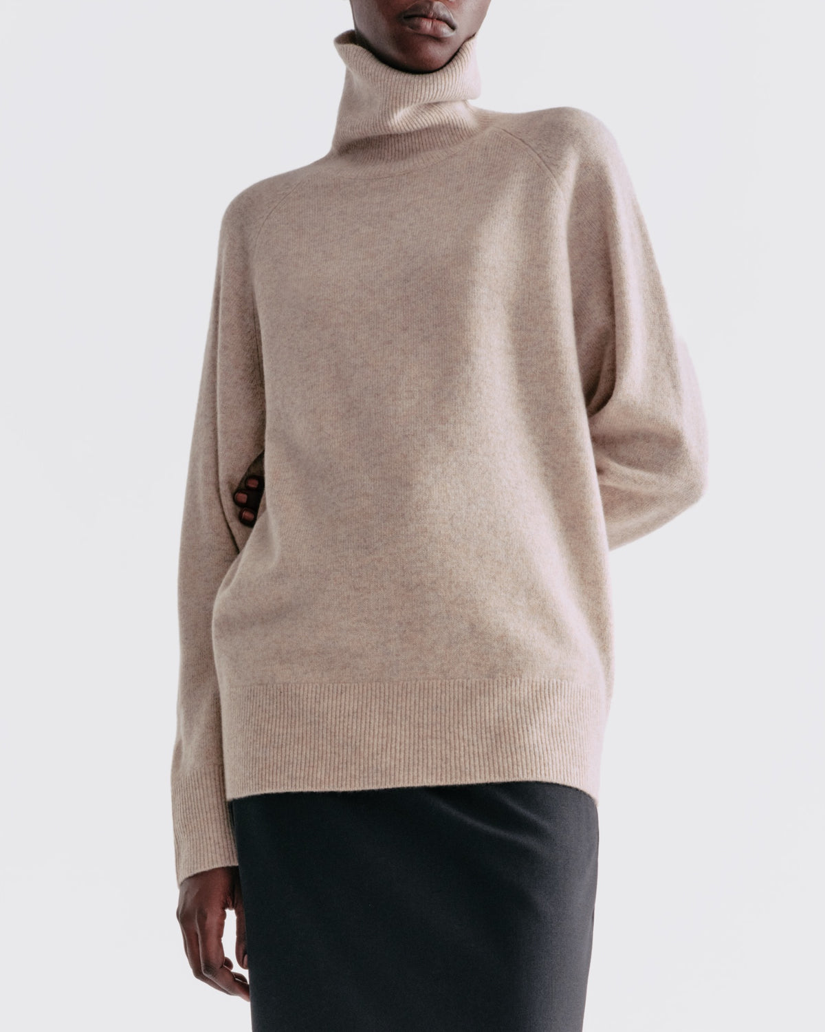 Essential Wool Long Sleeve Turtleneck in Sand - close-up #colour_Sand