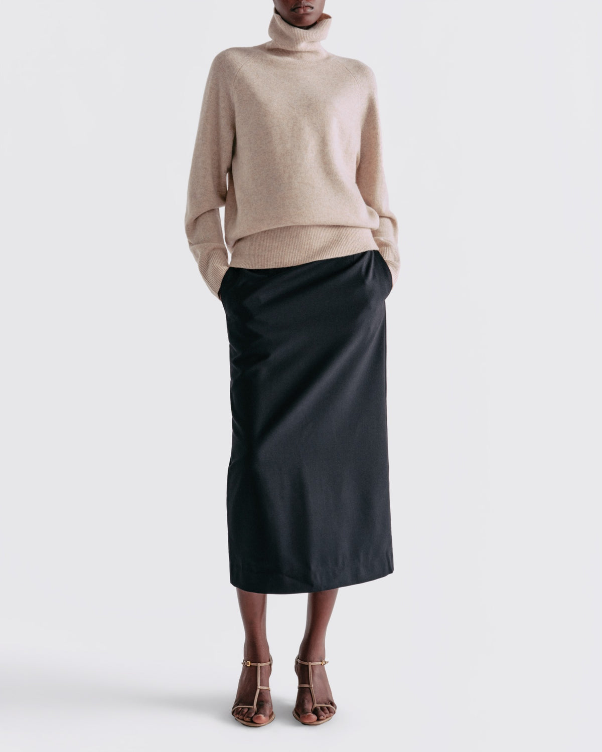 Essential Wool Long Sleeve Turtleneck in Sand - front view #colour_Sand