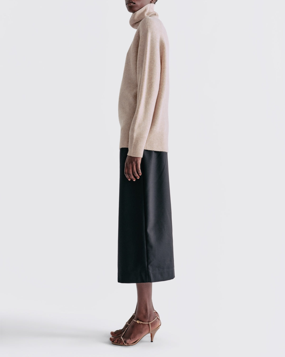 Essential Wool Long Sleeve Turtleneck in Sand - side view #colour_Sand