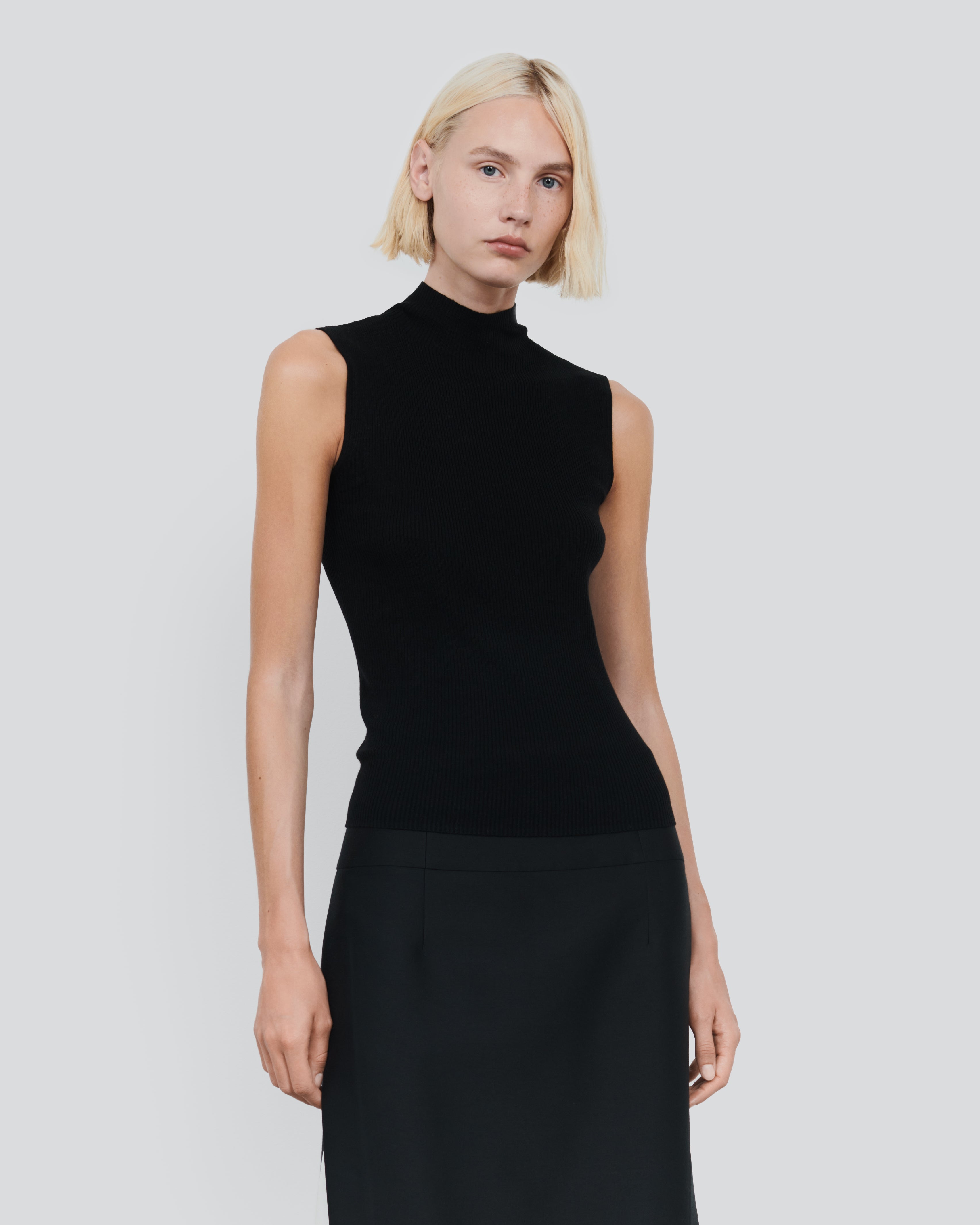 Wool Silk Sleeveless Mock Neck Sweater - Luxury Layering Top | 440ME
