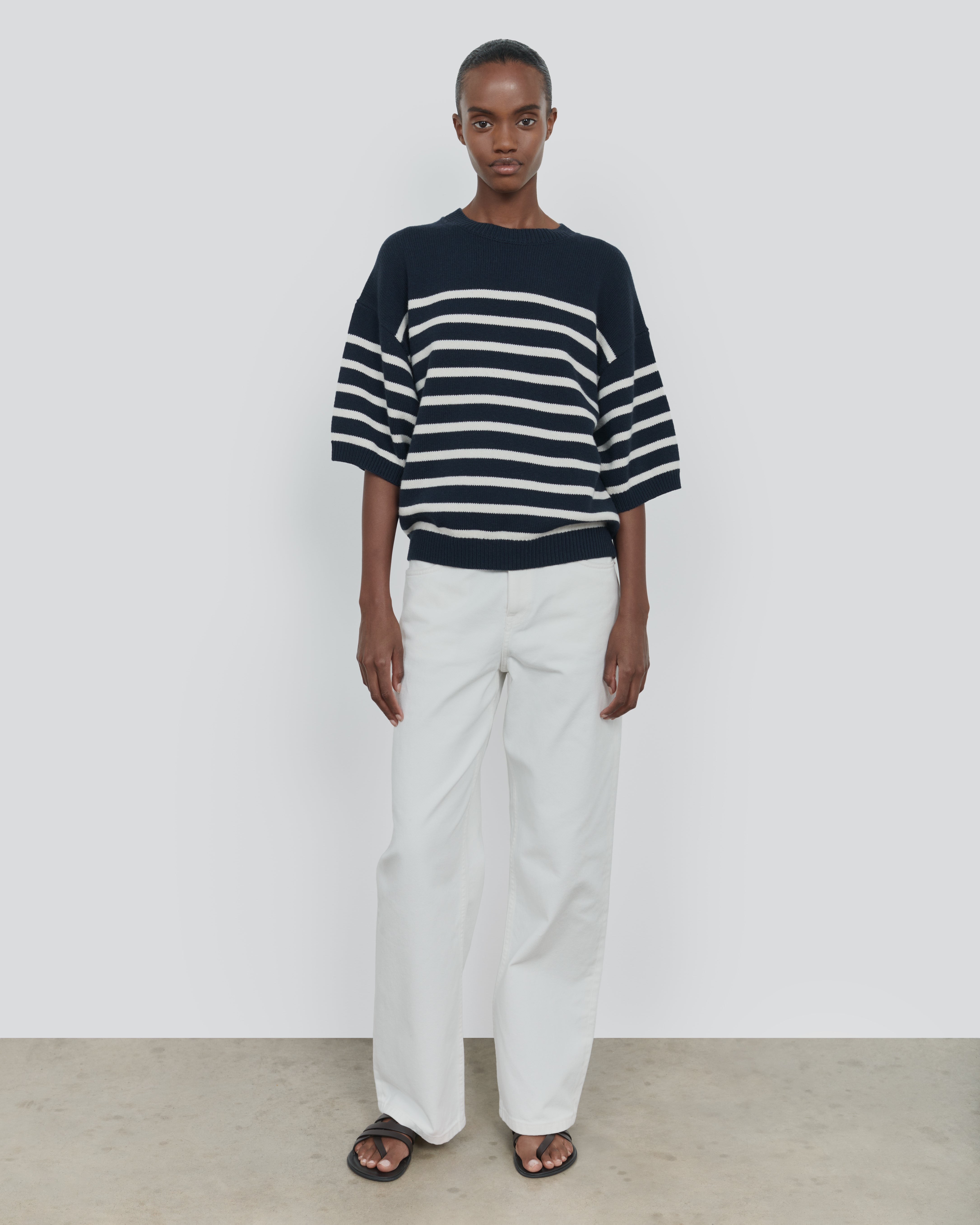 STRIPED COTTON WOOL SHORT SLEEVE CREW NECK