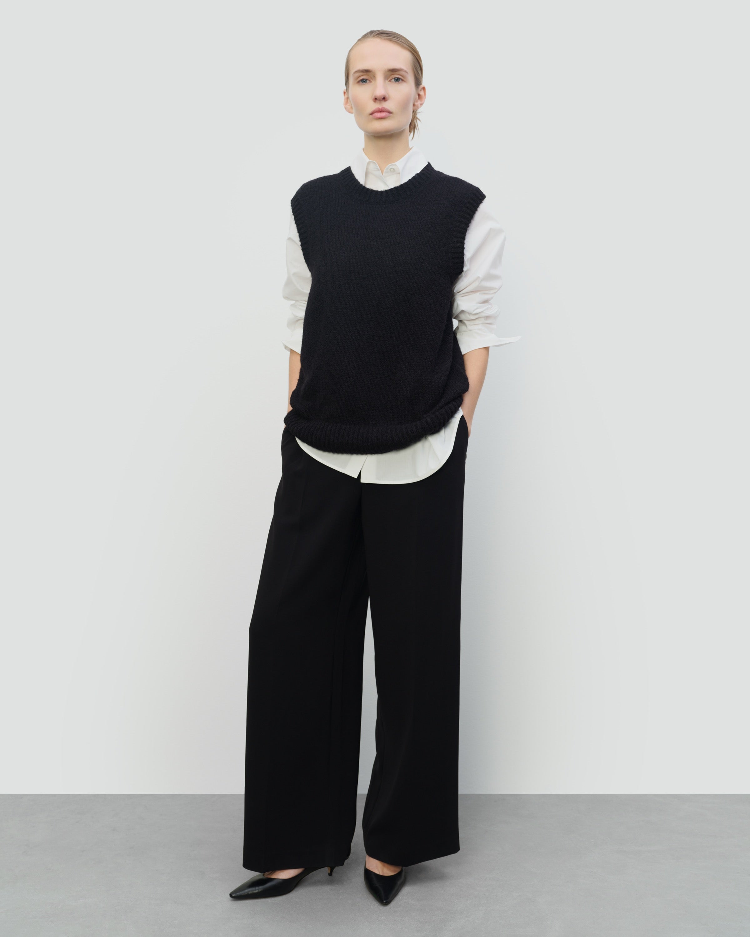 TEXTURED COTTON WOOL BLEND SLEEVELESS CREW