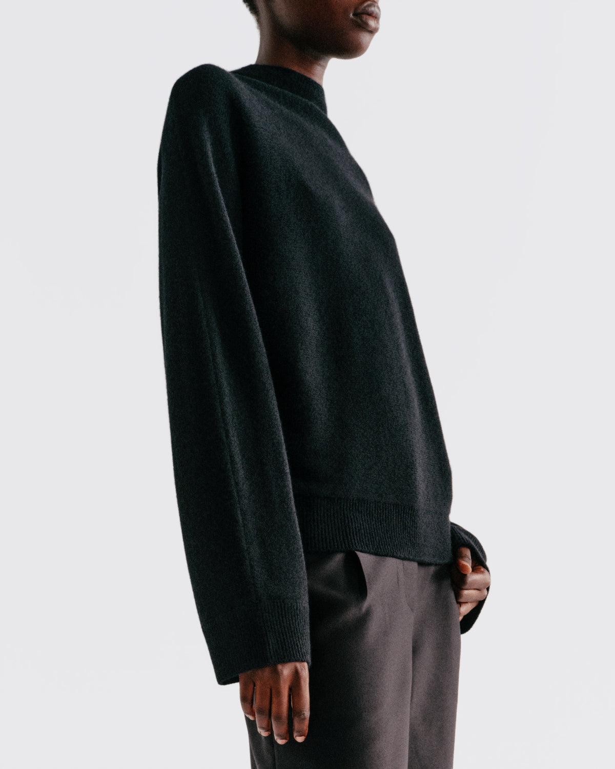 Wool Cashmere Dolman Mock Neck in Black - close-up #colour_Black
