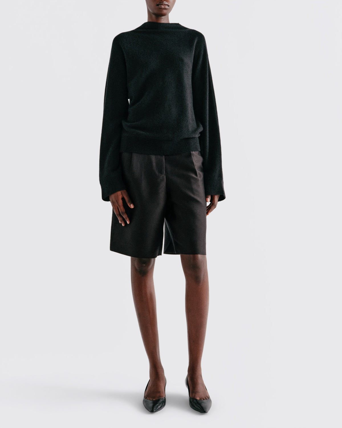 Wool Cashmere Dolman Mock Neck in Black - front view