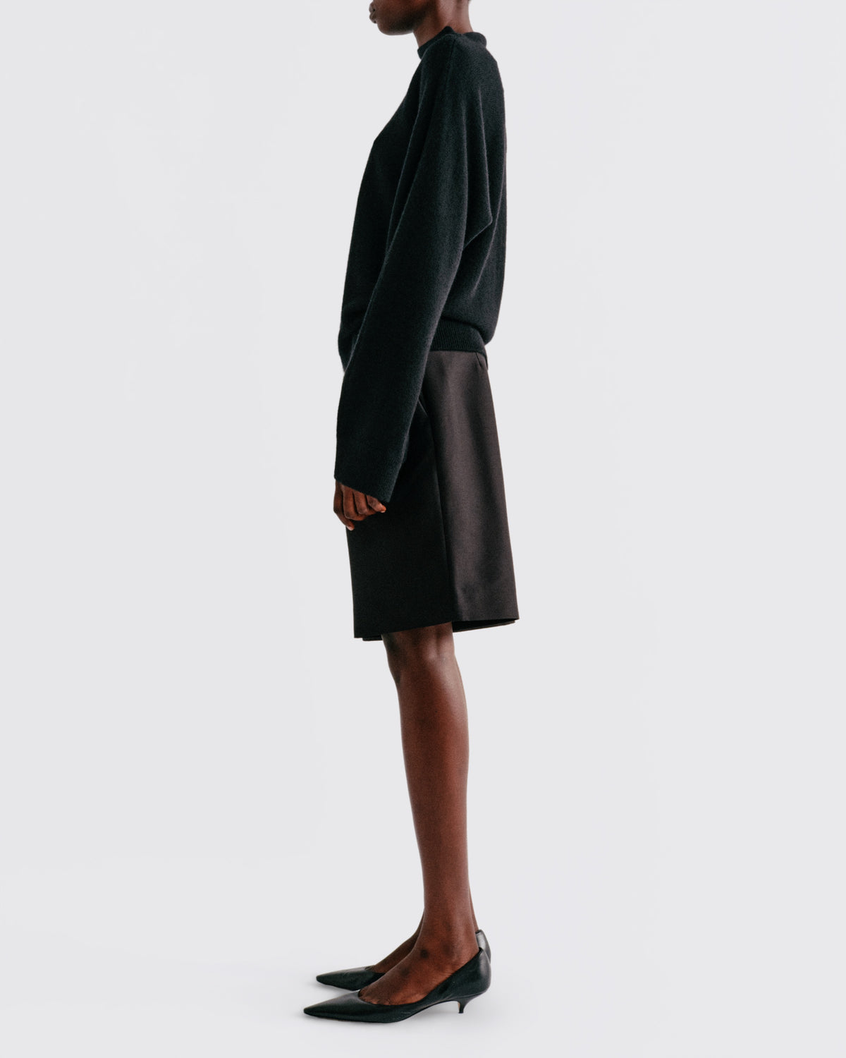 Wool Cashmere Dolman Mock Neck in Black - side view #colour_Black