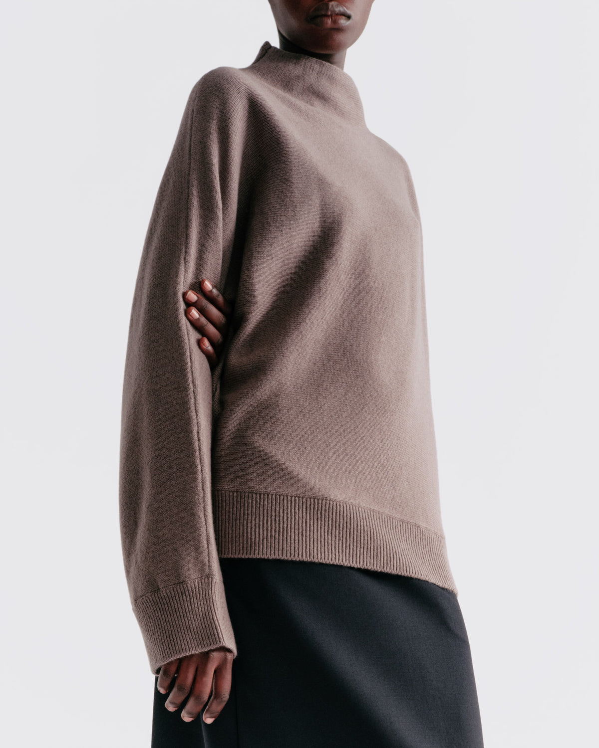 Wool Cashmere Dolman Mock Neck in Driftwood - close-up #colour_Driftwood