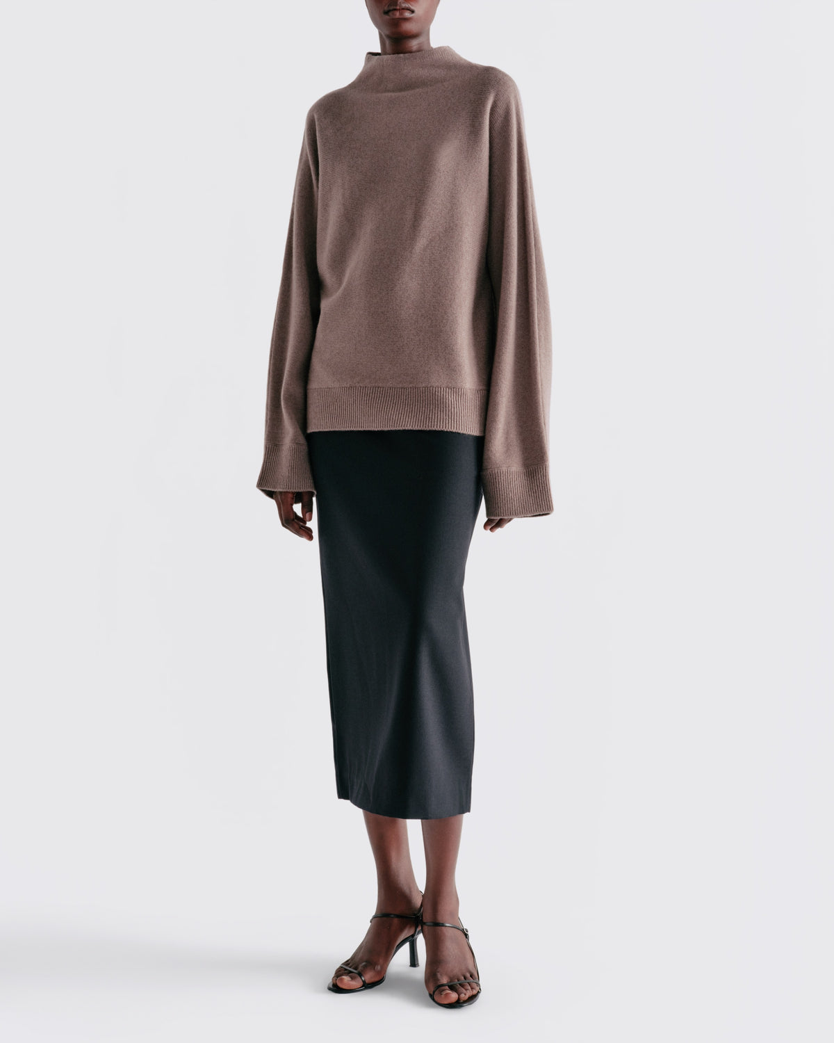 Wool Cashmere Dolman Mock Neck in Driftwood - front view
