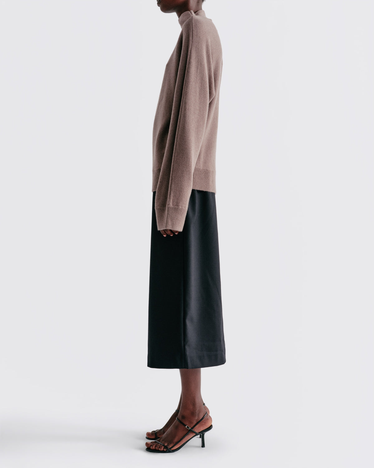 Wool Cashmere Dolman Mock Neck in Driftwood - side view #colour_Driftwood