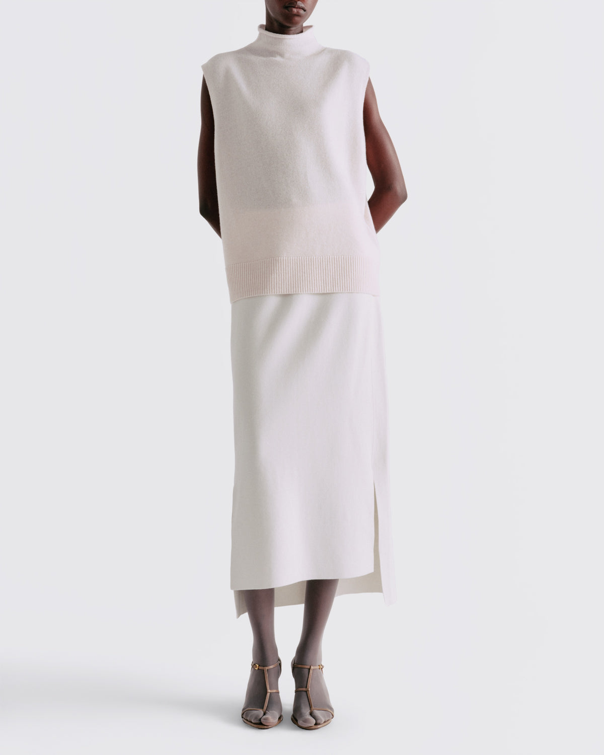 Wool Cashmere Sleeveless Mock Neck in Silence - front view #colour_Silence